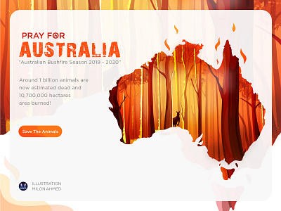 Hero image Illustration For Australia Bushfire Season 2019-2020 animal australia bushfire design digital art digital illustration fire flame forest illustration jungle kangaroo map orange pray save save earth save the animals weather wildlife