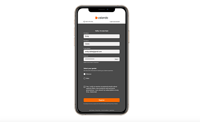 Zalando - Sign Up page redesign darkmode design e commerce ecommerce fashion mobile mobile app design mobile ui register sign up signup ui ui ux ui design uichellenge ux