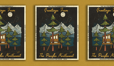 Pacific Northwest Postcard illustration landscape drawing layout design merchandise mountains nature pnw illustration postcard poster design treehouse typogaphy vintage vintage illustration washington