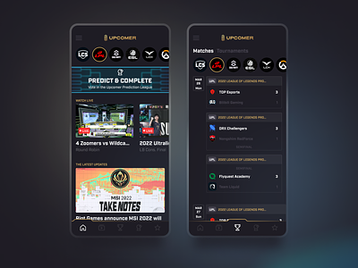 Upcomer App Redesign app app design dark dark mode e sports esports interface scores sports ui uiux ux