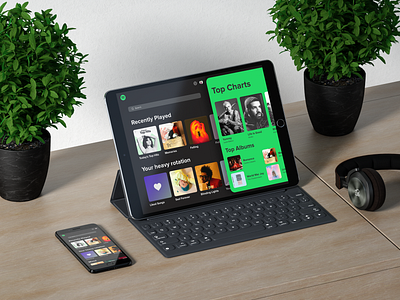 Spotify Tablet UI Design adobe xd app branding clean concept design druhin flat illustration invite ipad minimal mobile mockup music redesign spotify tablet ui ux