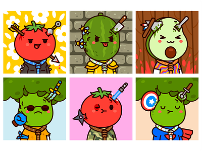 Happy Vegetables Friends NFT project avocado branding broccoli cartoon character colorful flat funny generative art graphic design illustration mascot nft nft art outline pickle silly tomato traits weapon