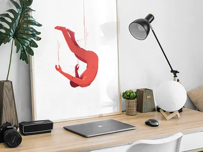 Falling man on the desk 2d character falling flat home studio illustration illustrator men mockup people print print design red depression vector