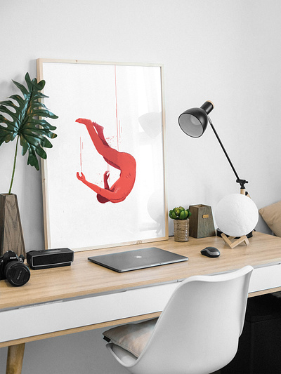 Falling man on the desk 2d character falling flat home studio illustration illustrator men mockup people print print design red depression vector