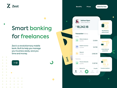 Zest • Homepage hero exploration V2 bank bank account bank app banking credit card desktop finance fintech freelance green hero homepage icons inspiration landing landing page money online bank pattern payment