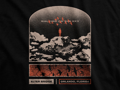 ALTER BRIDGE - Walking On The Sky abstract art apparel design birds clouds fantasy florida grey illustration merch design merchandise design metal orange orlando person red rock sky surreal t shirt design