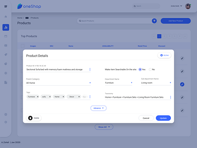 OneShop Admin Dashboard - Product Management admin dashboard blue and white minimal modern design product management ui design