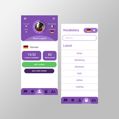 UI design for "Learno", language learnin app 2020 trend app app design app screen app screens app ui education figma learning minimal primitive purple trending ui ux ux designer ux research ux ui vector