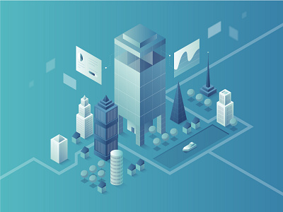 Locatee - Main Illustration building city dashboad home illustration information isometric main street trees widelab