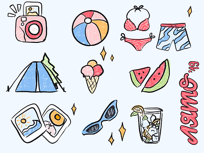 Summer 2019 | Illustration bathing suit beach beach ball beach time bulgarian camping fresh icecream illustration instagram instant camera lemonade photographs polaroids stickers summer sunglasses tent textured watermelon