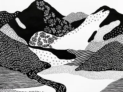 black mountains artwork blackandwhite dotted illustration ink monochrome mountains north pattern polkadot river rocks scandinaviandesign stripes texture