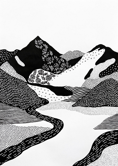 black mountains artwork blackandwhite dotted illustration ink monochrome mountains north pattern polkadot river rocks scandinaviandesign stripes texture