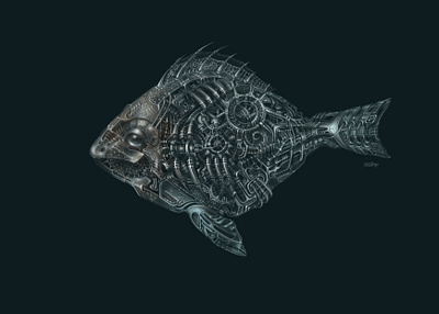 Mechanical fish adobe photoshop biomechanical cg digital illustration digitalart fish illustration mechanical mechanism skillme