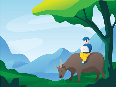 Kids Reading Book character flat illustration landscape ui vector