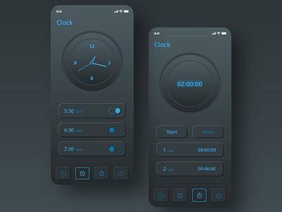 Dark Clock App app 2020 app design clock app creative design dark dark app dark app 2020 dark app 2020 dark clock app dark clock app dark mode dark theme dark ui mobile app ui uiux user interface ux