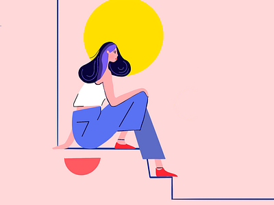 Girl sitting on sunrise dream girl illustration pink sunrise