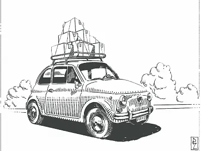Classic Fiat 500 black and white car crosshatching editorial etching fiat 500 graphic design gravure illustration magazine old packaging pen and ink retro vintage woodcut