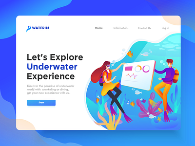 Underwater Landing page Hero Illustration characterdesign diving flat design flat illustration header header illustration illustrations inspiration landing page snorkeling ui design undersea underwater web web design