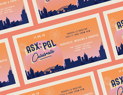 IPO Launch: Celebration asx cityscape design fintech fireworks gradient illustration invite ipo launch layout orange postcard print prospa sunset sydney