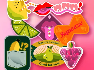 Fruity Stickers 1 banana branding cheeky fruit gay grapes graphic design illustration inuendo lemon lime lips mouthy orange pear sexy squeeze stickers tongue typography