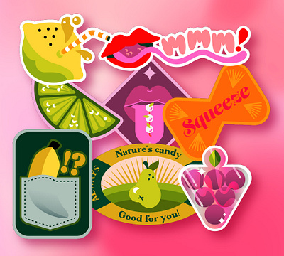 Fruity Stickers 1 banana branding cheeky fruit gay grapes graphic design illustration inuendo lemon lime lips mouthy orange pear sexy squeeze stickers tongue typography