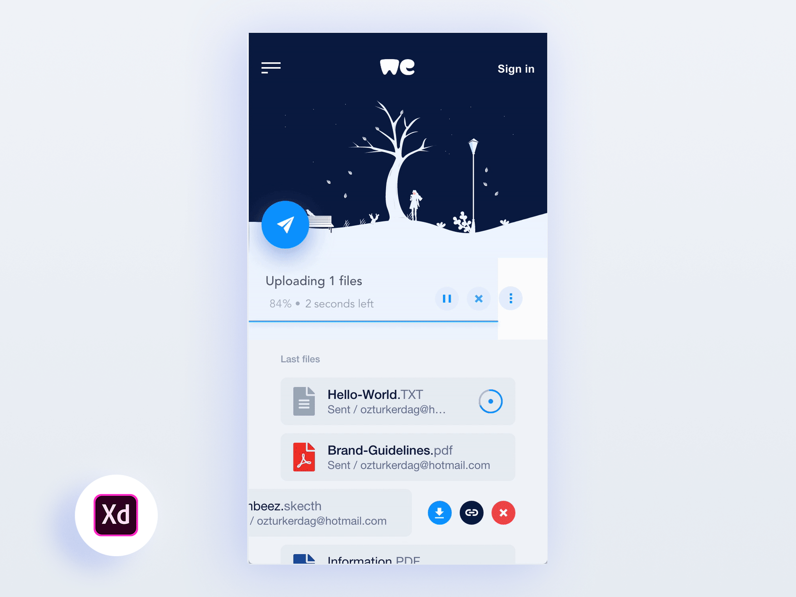 File Sending Animation - Wetransfer - Upload App 2d 3d abstract adobe adobe xd adobexd animation dailyui download gif illustration minimal ui uiux upload ux wetransfer