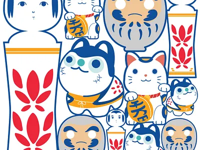 Japanese icons background vector. abstract asian background banner cat chinese daruma dog doll element illustration japanese koshiki pattern toys vector wood