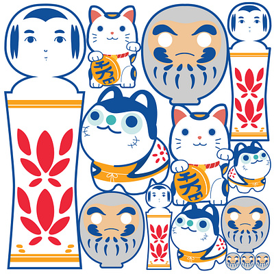 Japanese icons background vector. abstract asian background banner cat chinese daruma dog doll element illustration japanese koshiki pattern toys vector wood