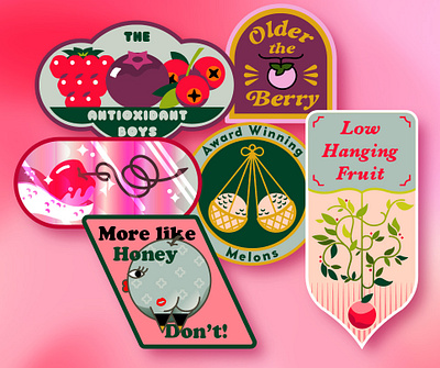 Fruity Stickers 2 antioxidants branding cherry fruit gay graphic design honeydew illustration kissing melons pattern sexy shiny stickers tongue typography vines