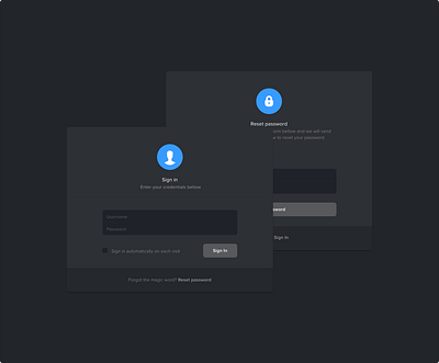 Auth Cards dark ui login register reset password sign in sign up ui ux web app