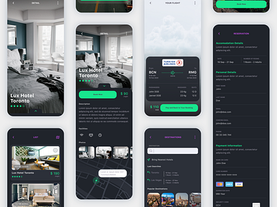 Vesta Dark Travel Booking App UI Kit adobe xd app booking dark figma flight hotel ios listing mobile sketch travel ui ui kit ui8