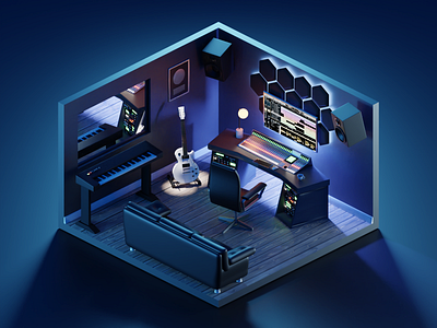 Recording Studio 3d blender diorama illustration isometric recording studio render room