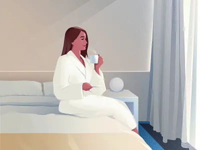 Hotel morning art coffee design girl hotel illustration light morning vector woman