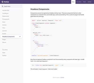 Radi.js website docs code docs documentation framework homepage javascript js radi