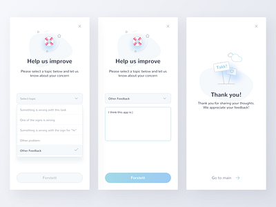 SignLab Feedback app dropdown feedback illustration minimal mobile thank you ui ux