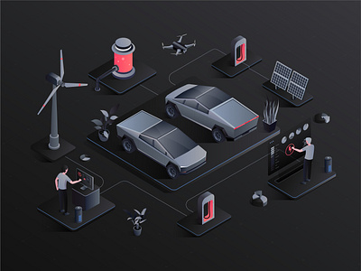 Tesla Cybertruck Electric cars isometric concept vector. battery car chart climate computer cybertruck drone electric electric car energy engine fuel green isometric plant plug sun tesla turbine vehicle