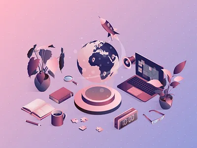 Isometric university concept with school elements. 3d art book coffee design digital exam flower glasses global globe illustration laptop plant puzzle rocket sound vector