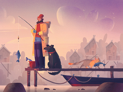 Morning catch art cat character concept dog dribbble fireart fireart studio fisherman illustration