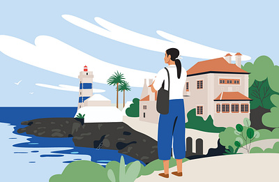 Sightseeing app character coast girl graphic house illustration ocean pastel people sea sky vector web woman women