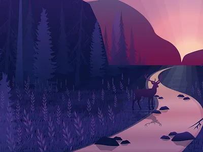 Forest scene adobe adobeillustrator dear design grass illustration landscape mountains river sun sunset vector