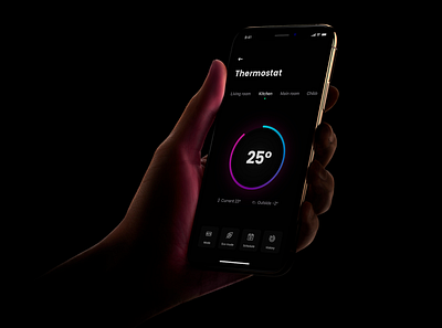 Thermostat home automation automatic home concept dark design hand home ios ios13 iphone mobile mockup product thermostat ui