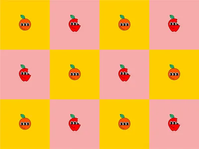 Apples & Oranges checkered color colorful face friends fruits fruity fun illustrated illustration pattern pink yellow