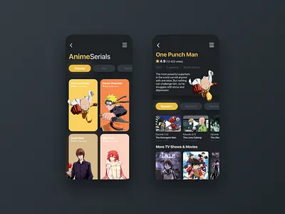 Anime App anime app dark dark theme dark ui design film naruto onepunchman serial ui yellow