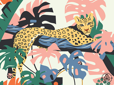 Plant Heroes (Fragment with a Leopard) animal art print cat colorful illustration jungle leopard monstera nature palm plant tropical