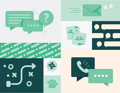 Conversations Guide bubble chat communication conversation cover design fintech green illustration layout layouts pattern paw phone postit prospa skills slack sticky note vector