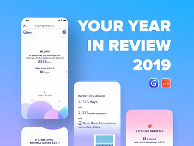 Your Year in Review - Glow & Eve 2019 animation annual report app community design eve glow graphicdesign illustration period sex tracker ui year in review