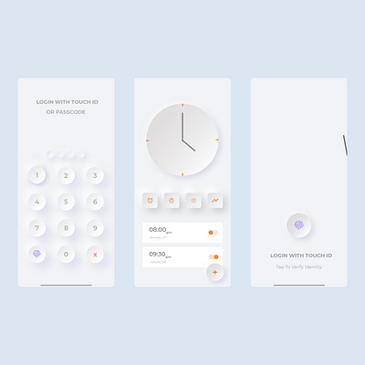neumorphism 3d adobe adobe xd alarm app app design minimal neumorphic neumorphism new orange password passwords ui ux watch white