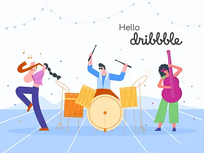 Hello dribble adobe design digitalworkplace dribble drum flatart fun happy hello hellodribble illustration illustrator kissflow music musicband musicians saas vector vectorart vectorartwork