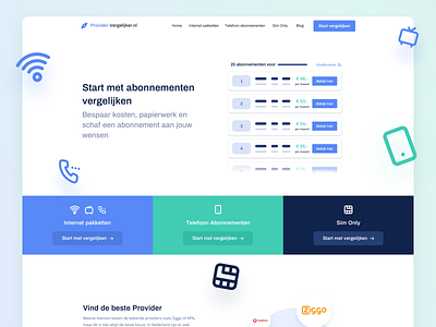 Provider-vergelijker.nl - Landingpage affiliate affiliate marketing blue clean design green internet internet pakketten marketing phone providers purple sim only telefoon abonnementen the netherlands ui ux vergelijker web website