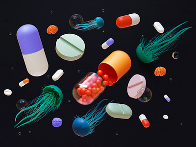 Jellyfish and pills 3d c4d cinema4d editorial illustration jellyfish pills